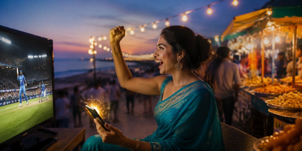 Young Indian woman playing mobile cards by Chennai Marina Beach