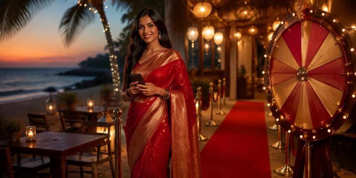 Woman playing roulette on a beach in Goa wearing saree