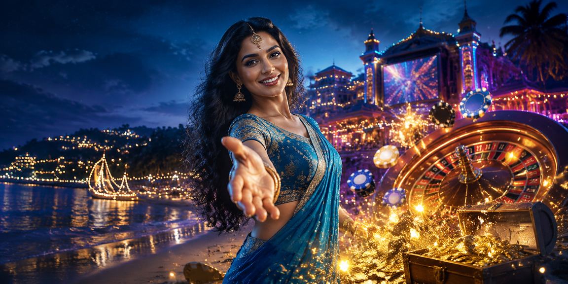 Woman enjoying online casino entertainment in traditional saree