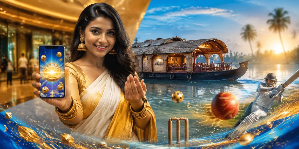 Mobile user enjoying Andar Bahar game with scenic Kerala backwaters