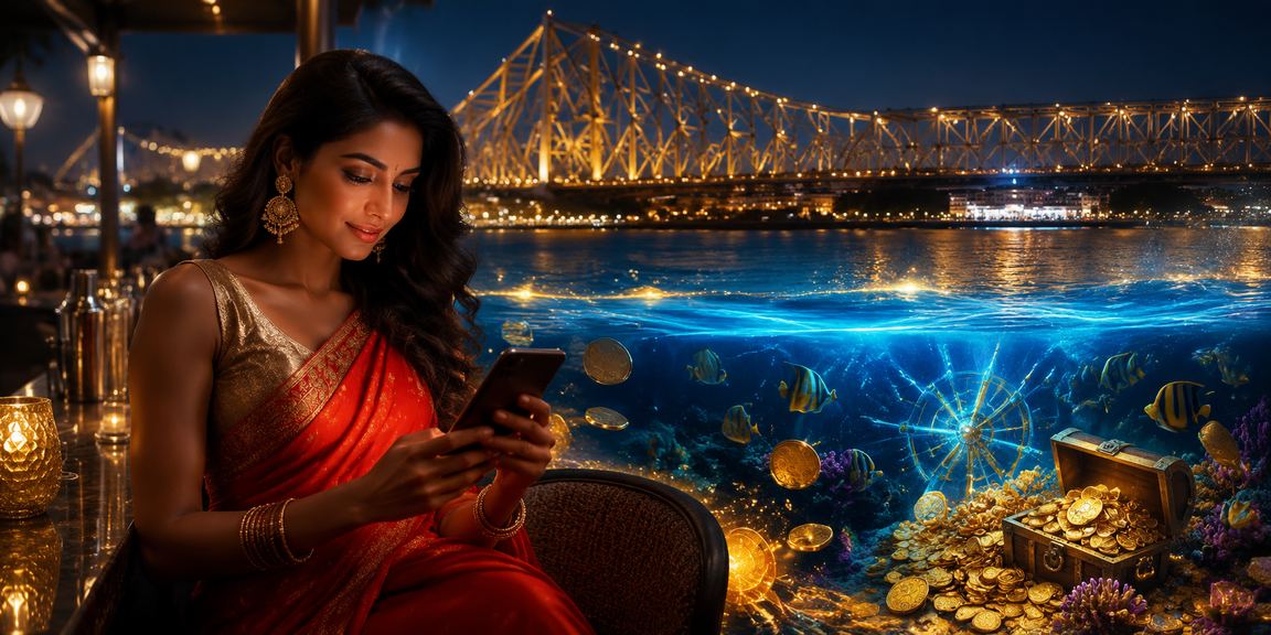 Indian woman using mobile banking app on Kolkata's Howrah Bridge vicinity